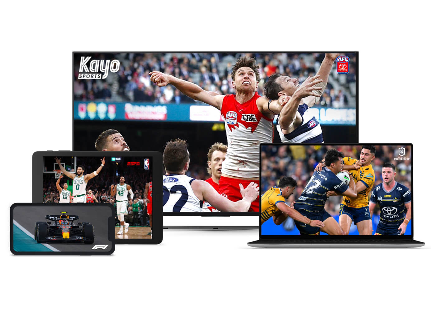 Four different screens showing Kayo sports