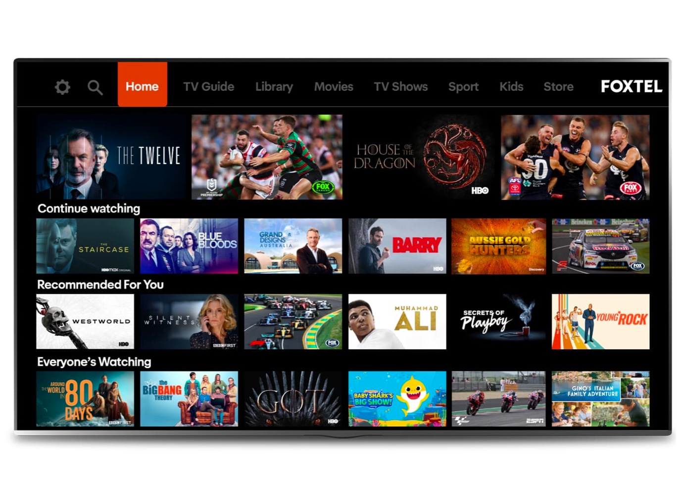 Promotional image of Foxtel from Telstra screen displaying various shows